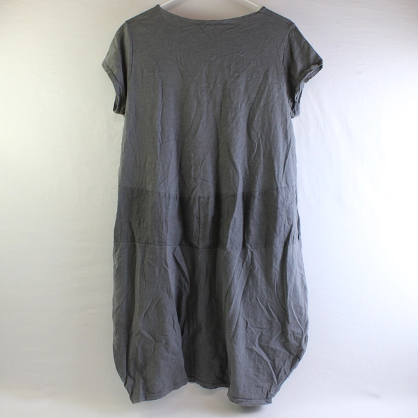 Solid Gray Short-Sleeved Knee-Length Cotton Dress with Pockets Women's XL