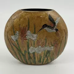 Heavy Brass Enamel Vase Embossed Hummingbirds Flowers India 5"