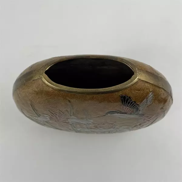 Heavy Brass Enamel Vase Embossed Hummingbirds Flowers India 5"