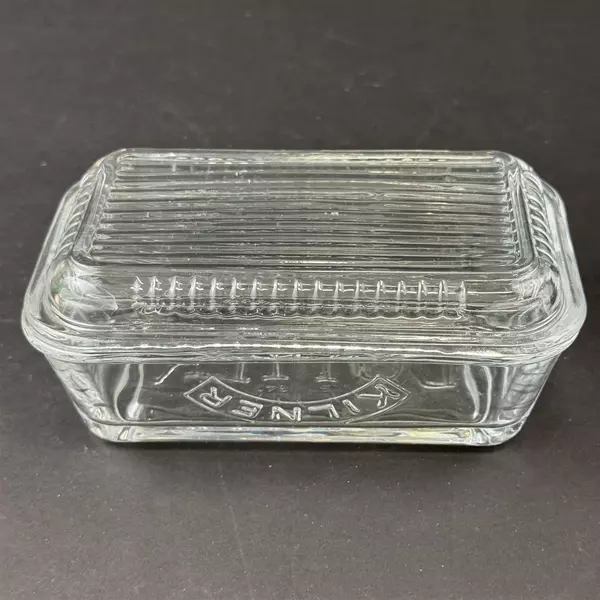 Kilner Refrigerator Clear Glass Ribbed Lid  Butter Dish Embossed Logo