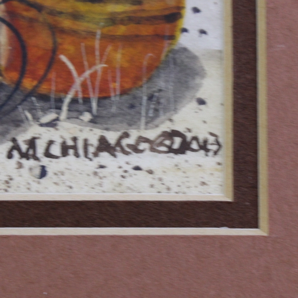 Michael Chiago Framed Small Watercolor Painting "Basket & Pottery" 2003