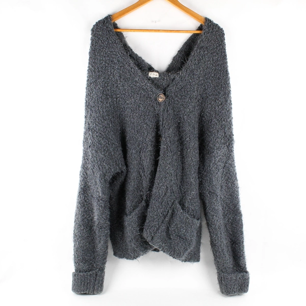 POL Women's L Gray Hooded Button Up Chunky Knit Cardigan Sweater