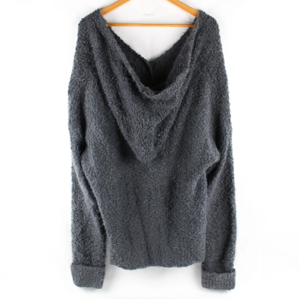 POL Women's L Gray Hooded Button Up Chunky Knit Cardigan Sweater