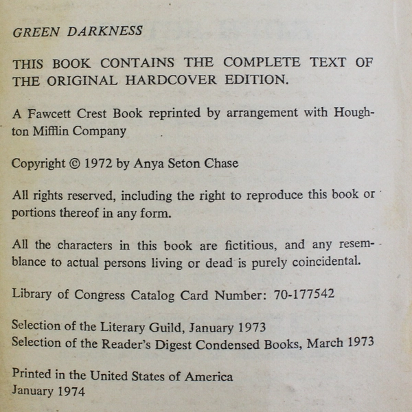Vintage Green Darkness by Anya Seton 1974 Paperback
