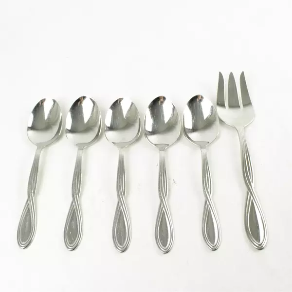 Oneida Axis Stainless Set of 5 Oval Soup Spoons + Medium Serving Fork