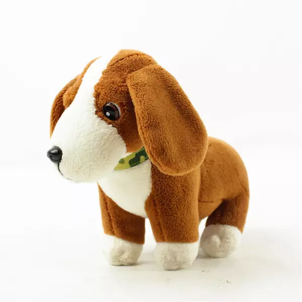 Brown White Dog Plush Toy with Camo Collar Stuffed Animal