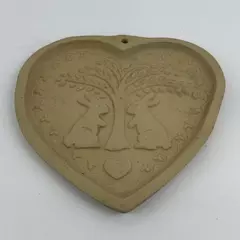 1989 Hill Design Brown Bag Cookie Art Stoneware Heart Mold W/ Rabbits Tree  