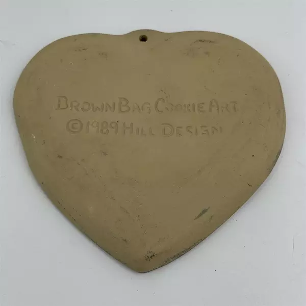 1989 Hill Design Brown Bag Cookie Art Stoneware Heart Mold W/ Rabbits Tree  