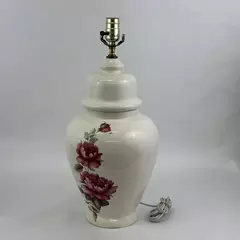 White Porcelain Table Lamp With Pink Roses  21" No Shade