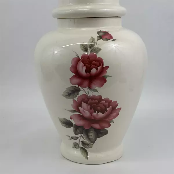White Porcelain Table Lamp With Pink Roses  21" No Shade