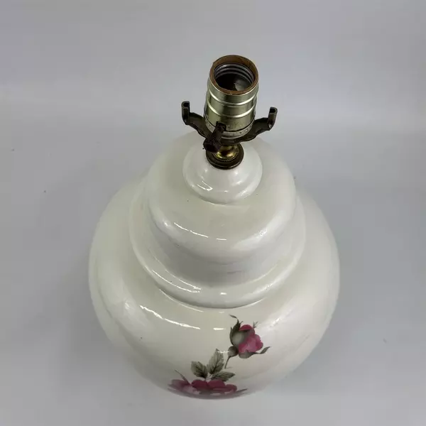 White Porcelain Table Lamp With Pink Roses  21" No Shade