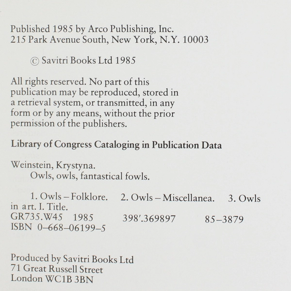 Owls Owls Fantastical Fowls Compiled by Krystyna Weinstein 1985 Hardcover DJ 