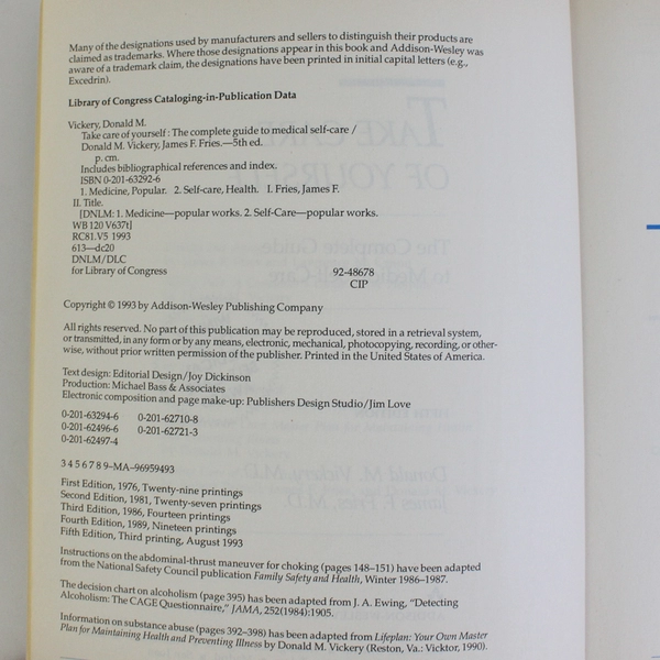 Take Care of Yourself by Donald Vickery James Fries 1993 5th Edition Paperback