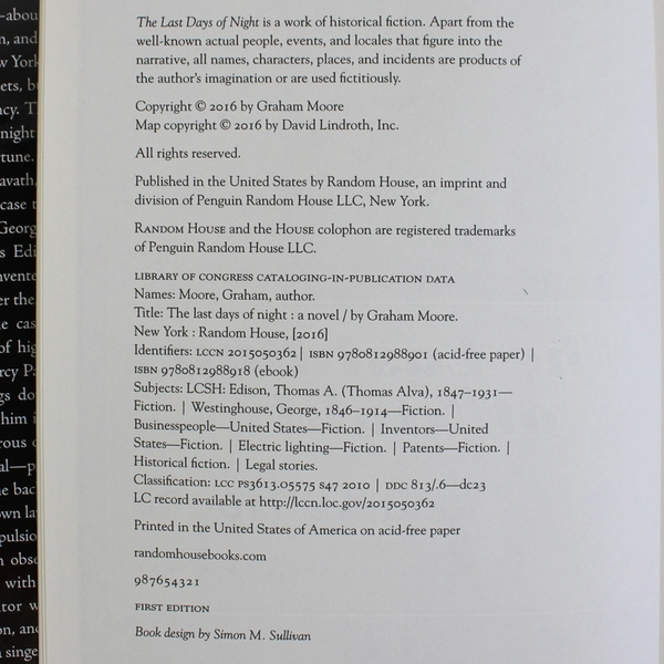 Last Days of Night by Graham Moore 2016 1st Edition Hardcover Dust Jacket Good