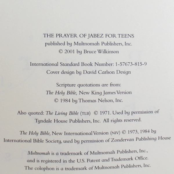 The Prayer Of Jabez For Teens by Bruce Wilkinson Hardcover 2001 Multnomah