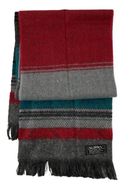 Vintage Alorna Gray Teal Red Plaid Scarf Wrap with Fringe USA 100% Acrylic