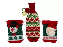 Lot of 3 Holiday Knit Wine Gift Bags Santa Snowman Geometric Design Xmas