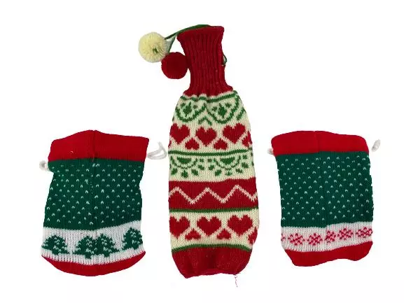 Lot of 3 Holiday Knit Wine Gift Bags Santa Snowman Geometric Design Xmas