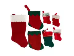 Lot of 7 Vintage Mini Christmas Stockings Red Green White Fuzzy Felt Decorations