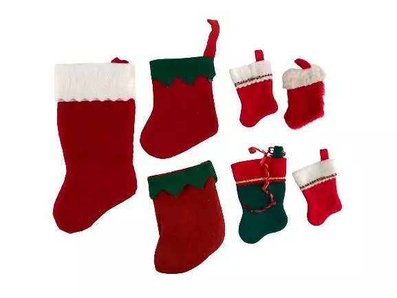 Lot of 7 Vintage Mini Christmas Stockings Red Green White Fuzzy Felt Decorations