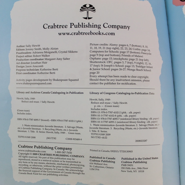 Reduce and Reuse by Sally Hewitt Paperback Book Crabtree Publishing 2009