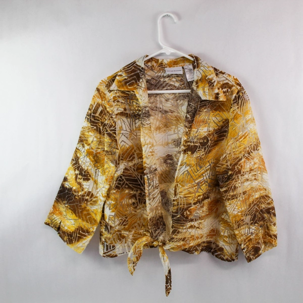 Alfred Dunner Open Front With Tie Cardigan Women's Size 12 Yellow Brown White