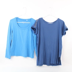 Chico's Tops Lot of 2 Women's Size 1 Blue Short & Long Sleeve Shirts