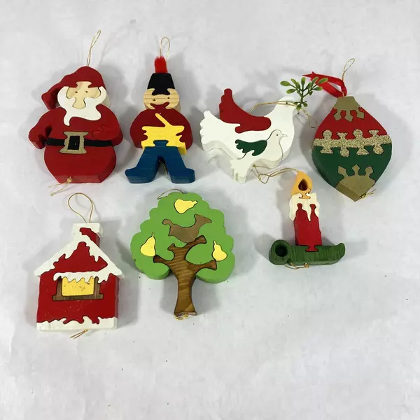 Set of 7 Assorted Handmade Wood Puzzle Christmas Ornaments Santa Tree Soldier