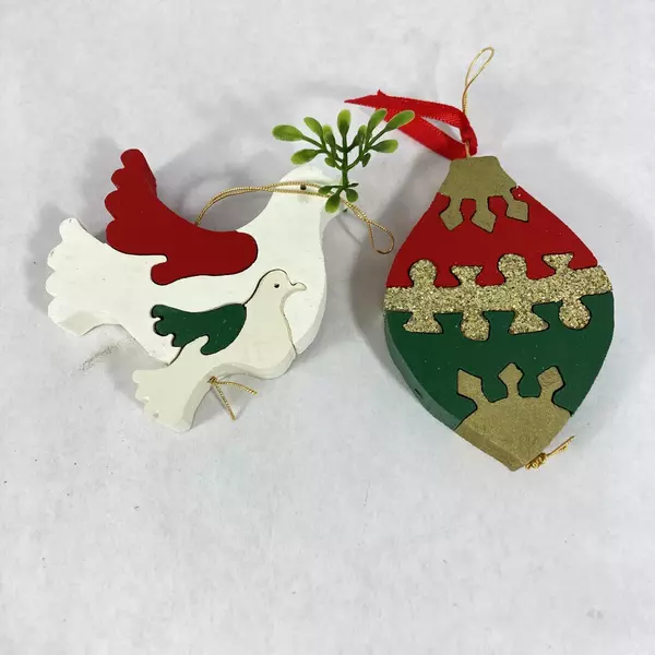 Set of 7 Assorted Handmade Wood Puzzle Christmas Ornaments Santa Tree Soldier