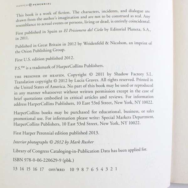 The Prisoner of Heaven Carlos Ruiz Zafon 2013 Paperback Translated From Spanish