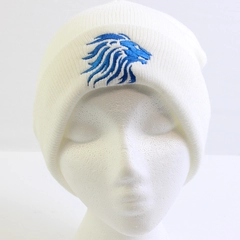 Unisex Pacific White Knit Hat With Embroidered Blue Lion Accent One Size