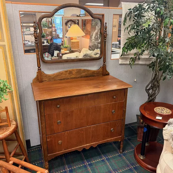 Vintage Wood 3 Drawer Dresser With Swivel Mirror (Flawed)