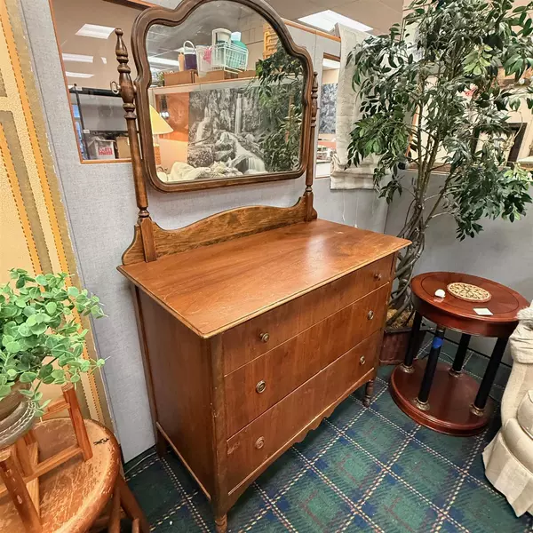 Vintage Wood 3 Drawer Dresser With Swivel Mirror (Flawed)