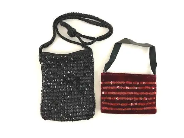 Lot of 2 Small Black & Red Women's Purses with Sequins & Crochet Design