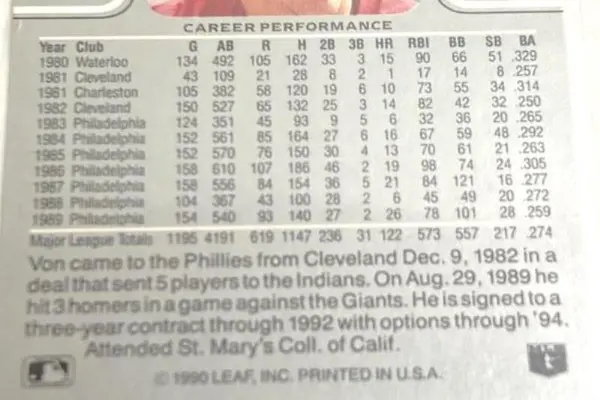 Vintage 1990 Leaf Von Hayes Baseball Card #52 Philadelphia Phillies