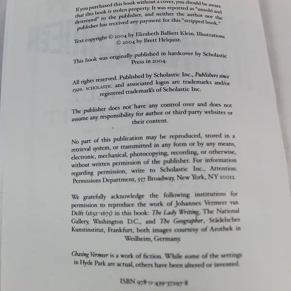 Chasing Vermeer by Blue Balliett Scholastic Paperback 2004 Pre-Owned Book