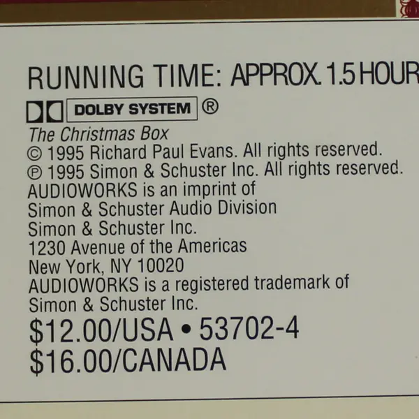 The Christmas Box Audiobook Cassette by Richard Paul Evans 1995 Edition