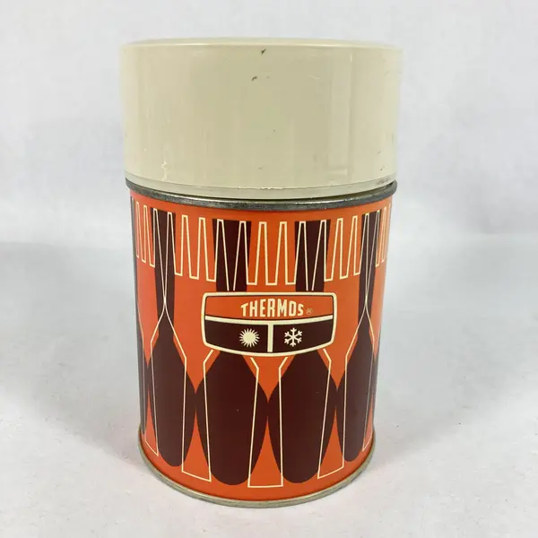 Vintage 1971 King Seeley 10 Ounce Thermos Orange Brown Beige Knife and Fork 7063