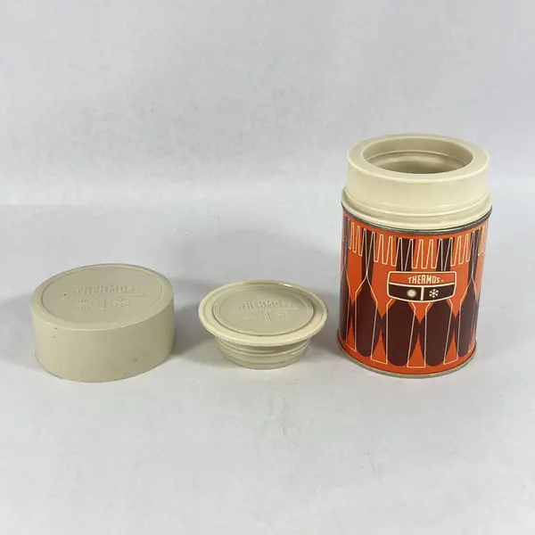 Vintage 1971 King Seeley 10 Ounce Thermos Orange Brown Beige Knife and Fork 7063