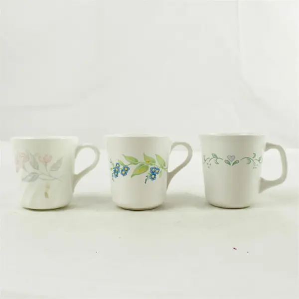 Lot of 3 Corning & Corelle Coffee Mugs White Flower Heart Design