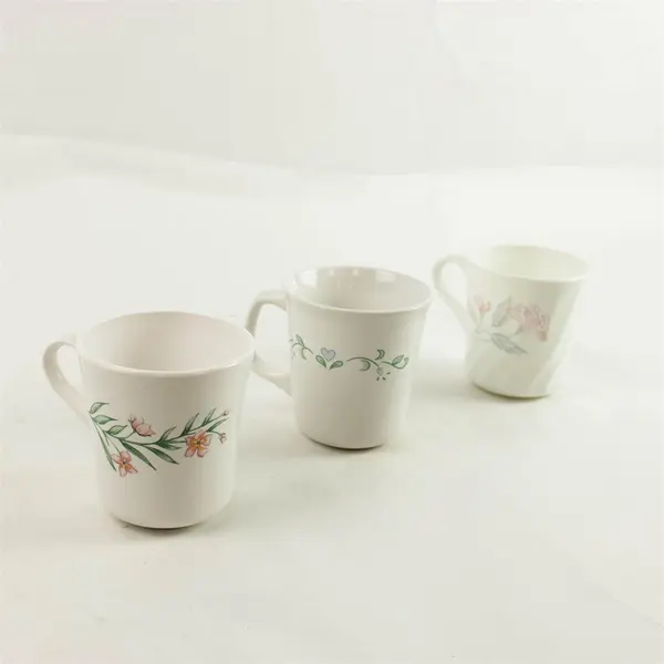 Lot of 3 Corning & Corelle Coffee Mugs White Flower Heart Design
