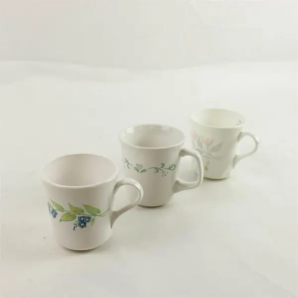 Lot of 3 Corning & Corelle Coffee Mugs White Flower Heart Design