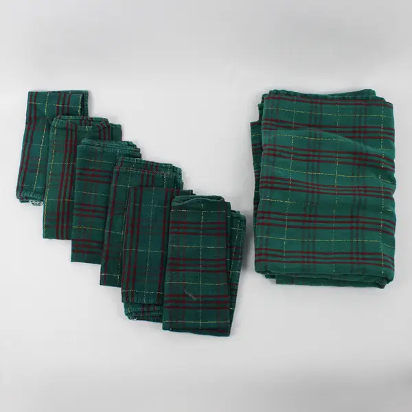 Lot Of 9 Tag Brand Green/Red Fabric 1 Tablecloth & 8 Napkins