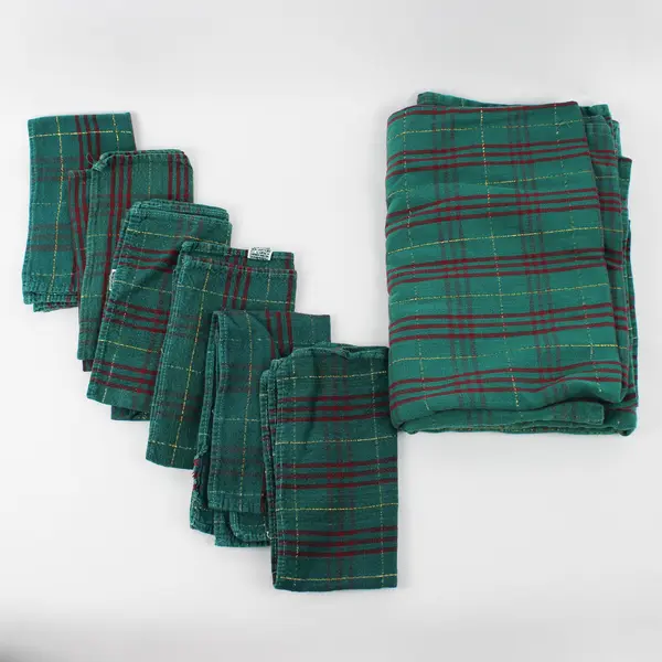 Lot Of 9 Tag Brand Green/Red Fabric 1 Tablecloth & 8 Napkins