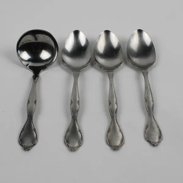 4 Oneida Silver Lakewood-Tuxedo Stainless 3 Serving Spoons 1 Gravy Ladle Rare 