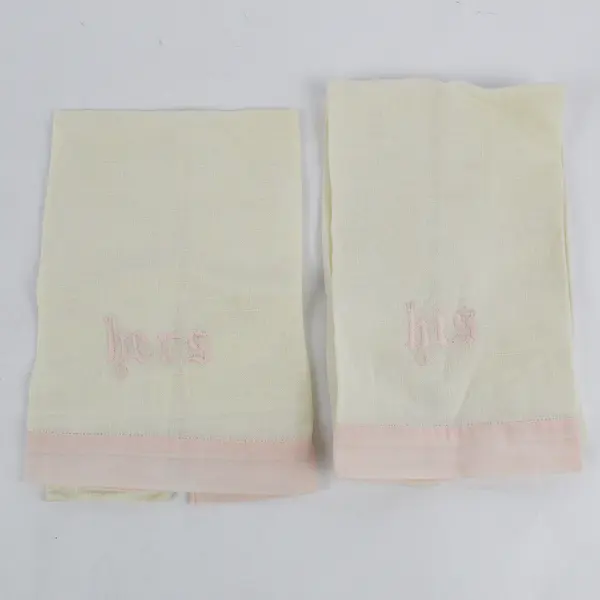 Set of 2 Vintage Pink Embroidered His and Hers Off-White Fingertip Towels