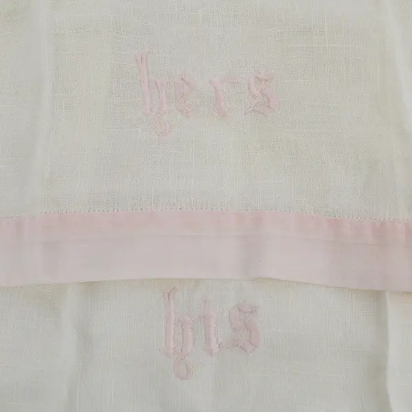 Set of 2 Vintage Pink Embroidered His and Hers Off-White Fingertip Towels