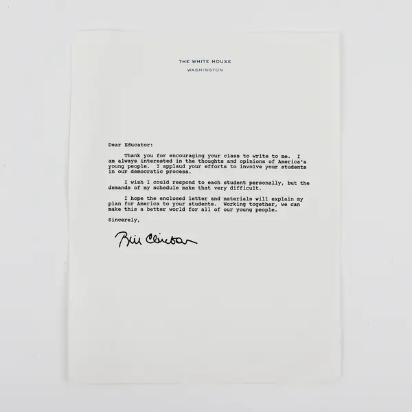 Bill Clinton Autopen Signed Letter To Educator Official White House Stationery