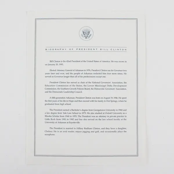President Bill Clinton Biography Single Page Fact Sheet First Term