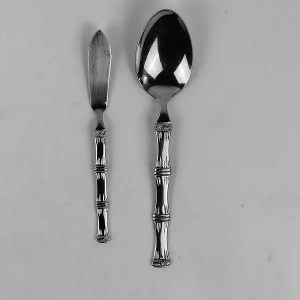Lot of 2 Cuisinart Bamboo Pattern 18/10 SS 1 Butter Knife 1 Solid Serving Spoon